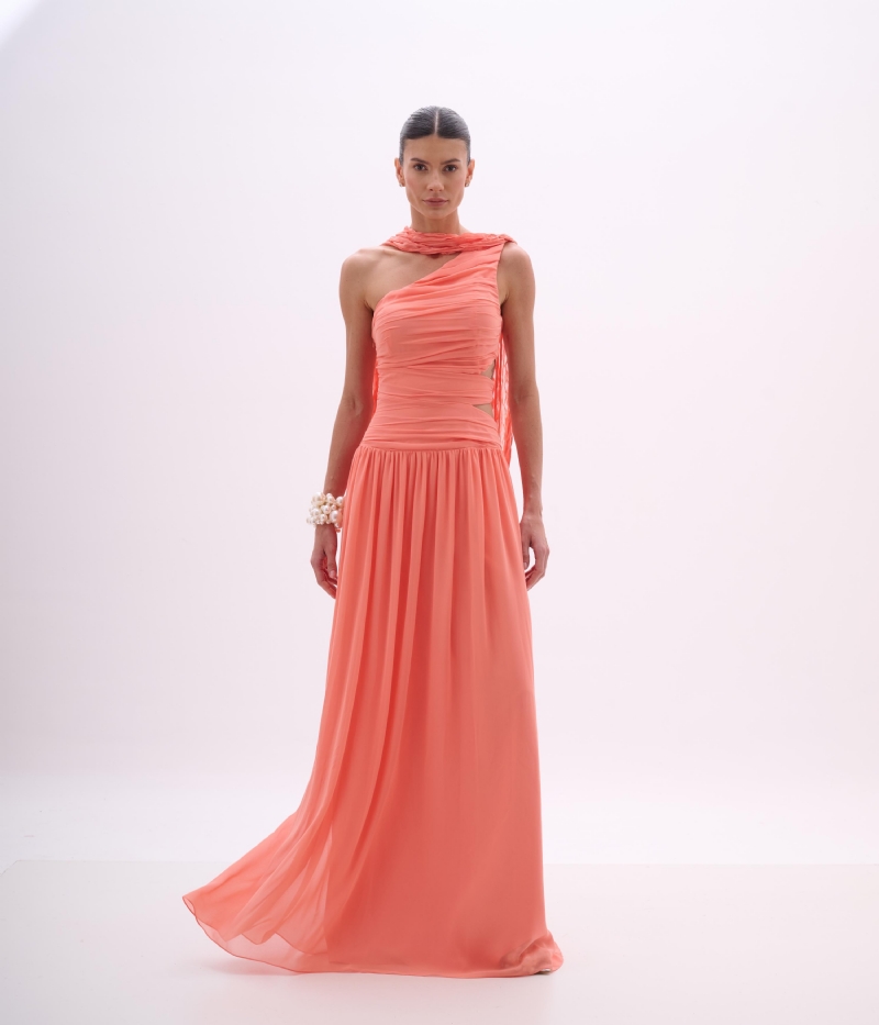 VESTIDO LONGO UM OMBRO SÓ EM CREPE FLUIDO COM ECHARPE