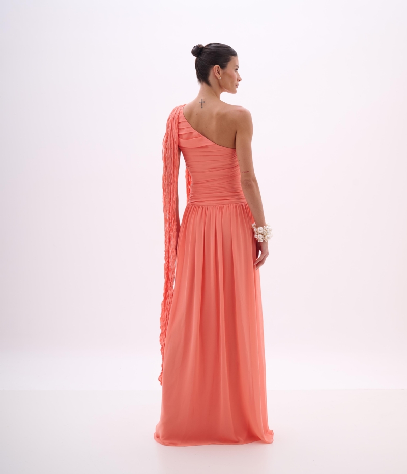 VESTIDO LONGO UM OMBRO SÓ EM CREPE FLUIDO COM ECHARPE