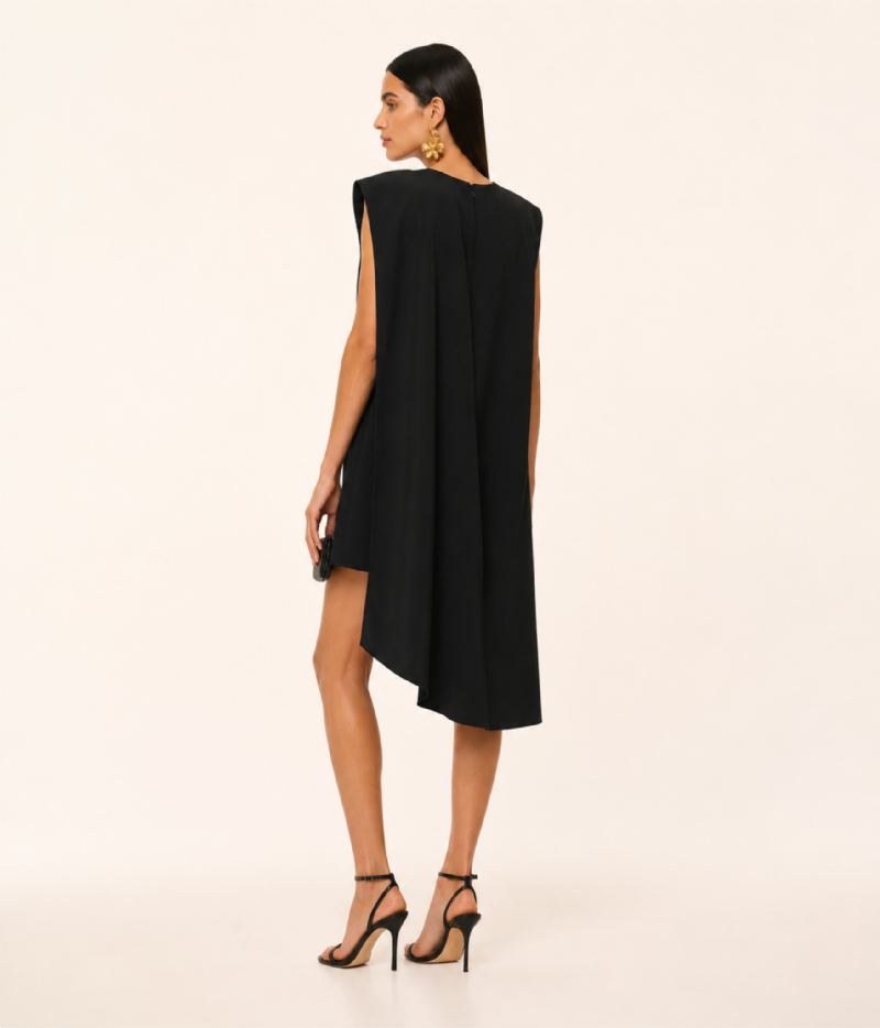 VESTIDO MIDI EM CREPE CONFORT COM CAVA ALTA E CINTURA ASSIMÉTRICA