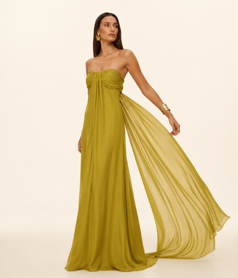 VESTIDO LONGO TOMARA QUE CAIA COM CORPETE DRAPEADO