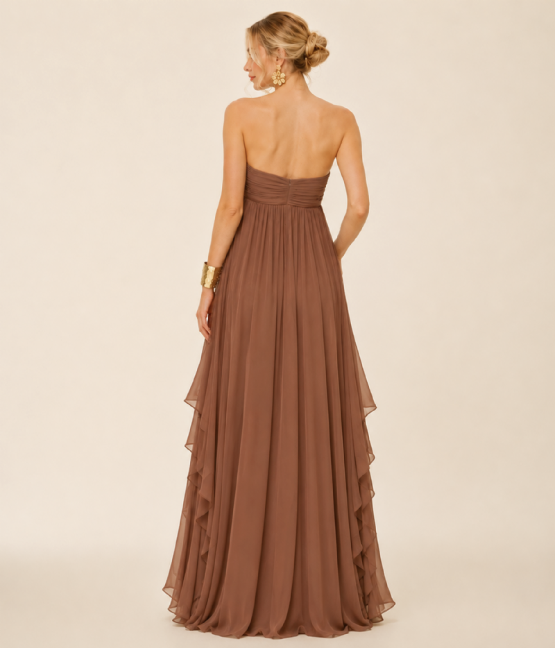 VESTIDO LONGO EM CHIFFON SAAB COM CORPO DRAPEADO E SAIA ETEREA