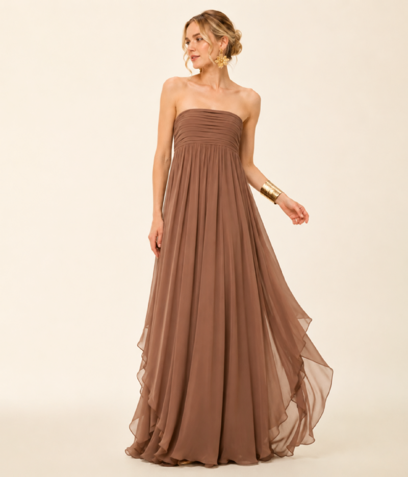 VESTIDO LONGO EM CHIFFON SAAB COM CORPO DRAPEADO E SAIA ETEREA