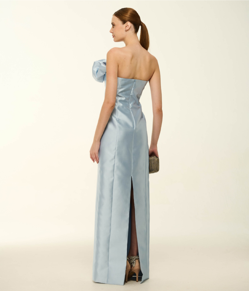 VESTIDO LONGO TOMARA QUE CAIA EM ZIBELINE COM FLOR ESCULTURAL