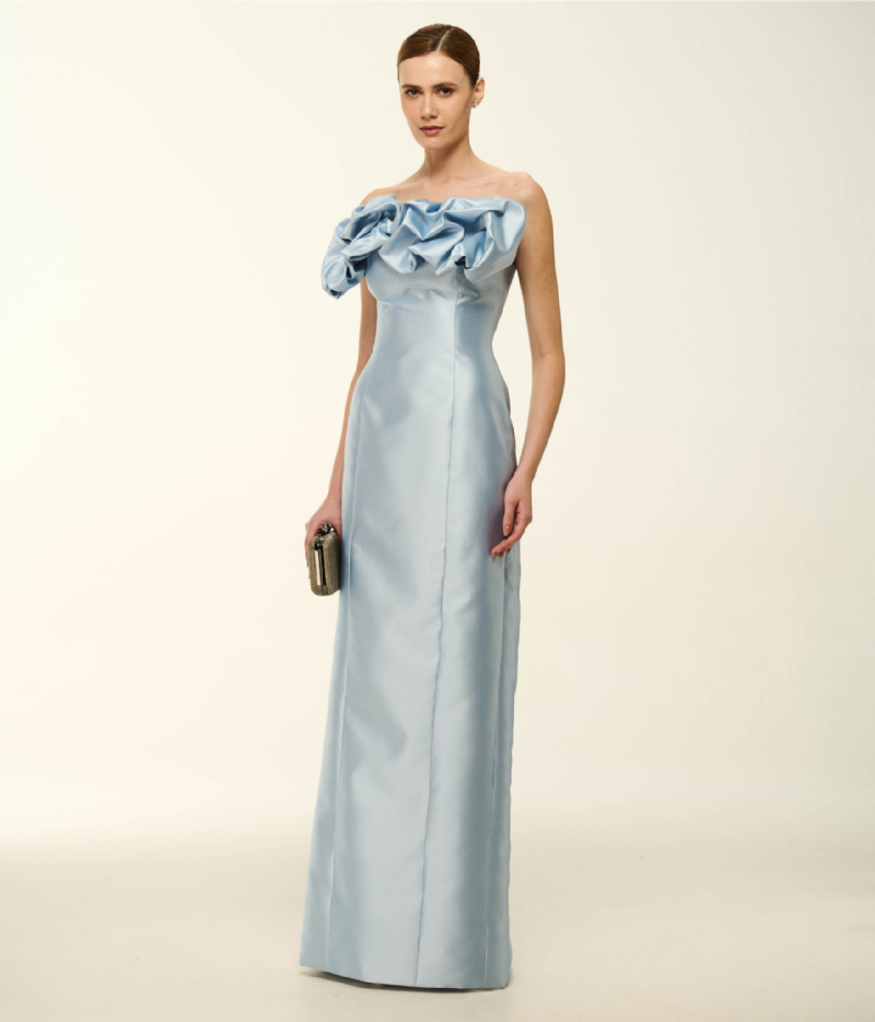 VESTIDO LONGO TOMARA QUE CAIA EM ZIBELINE COM FLOR ESCULTURAL