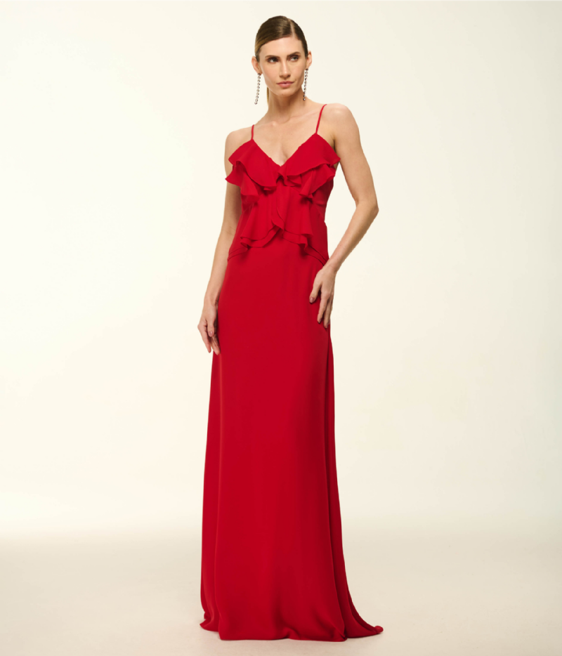 VESTIDO LONGO VERMELHO COM BABADOS E DECOTE NAS COSTAS