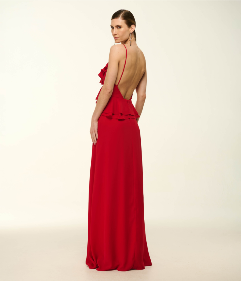 VESTIDO LONGO VERMELHO COM BABADOS E DECOTE NAS COSTAS