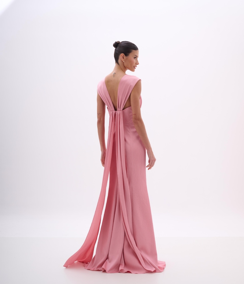 VESTIDO LONGO CETIM PLISSÊ BORDADO