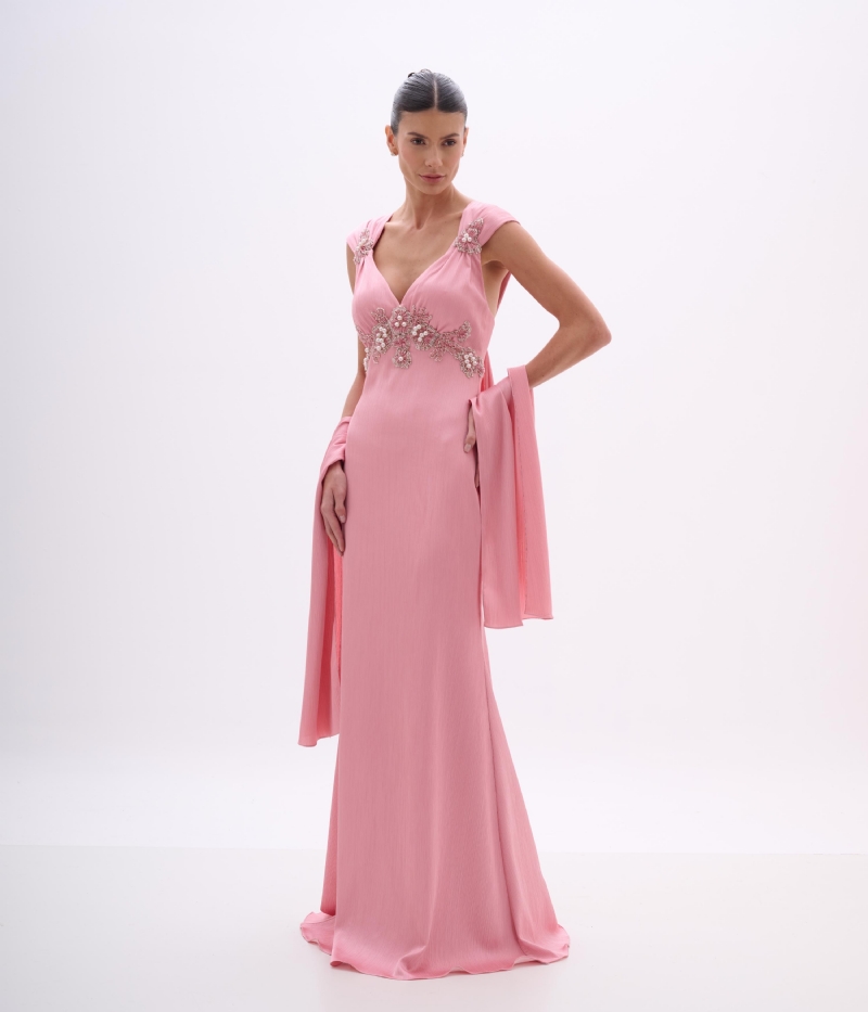 VESTIDO LONGO CETIM PLISSÊ BORDADO