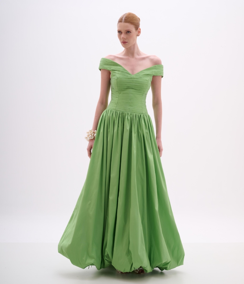 VESTIDO LONGO TAFETÁ OMBRO A OMBRO COM SAIA BALONÊ