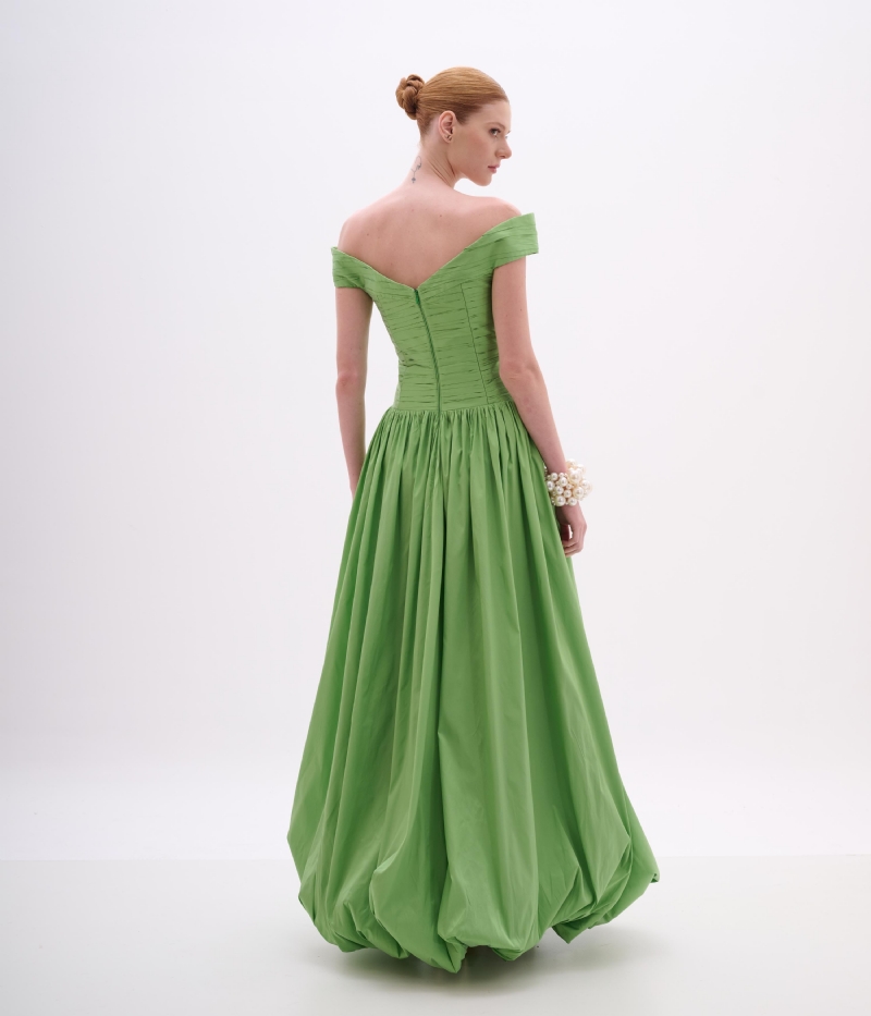 VESTIDO LONGO TAFETÁ OMBRO A OMBRO COM SAIA BALONÊ