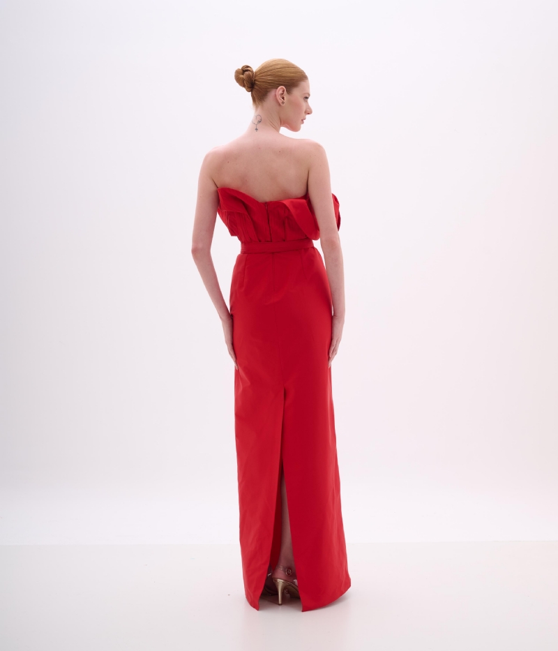 VESTIDO LONGO TAFETÁ RED PEPPER COM DECOTE ESCULTURAL