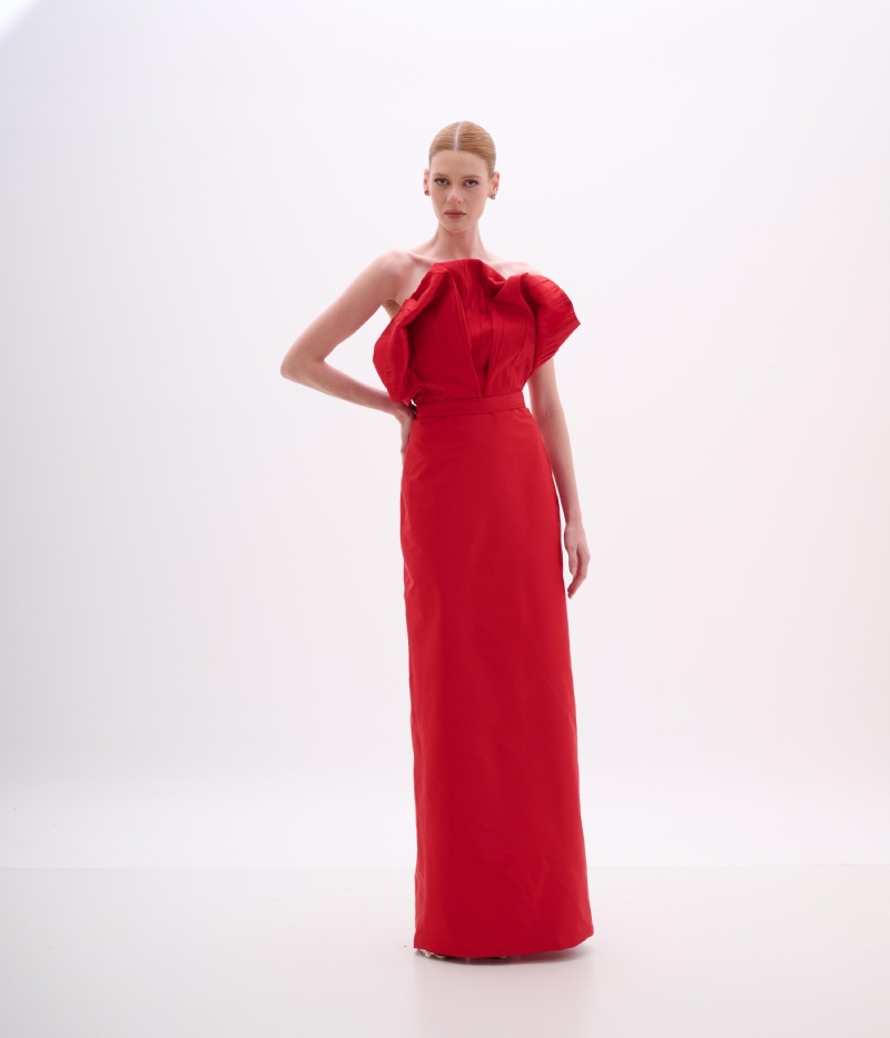 VESTIDO LONGO TAFETÁ RED PEPPER COM DECOTE ESCULTURAL