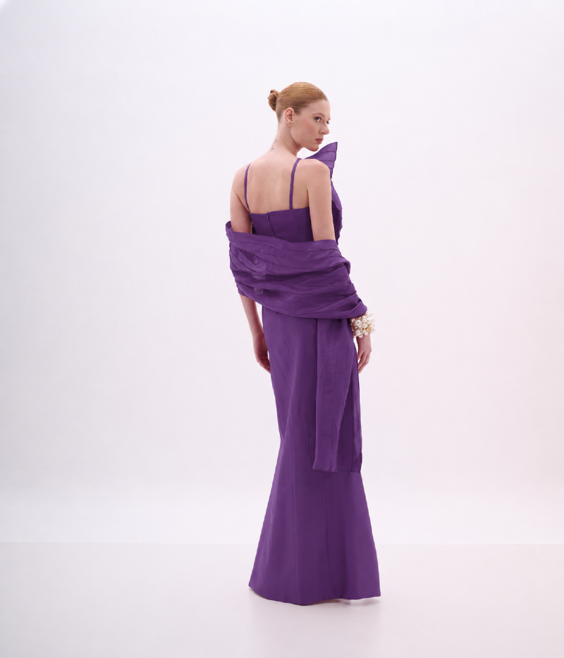 VESTIDO LONGO TAFETÁ COM DRAPEADO ESTRUTURADO