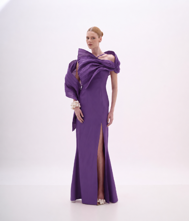 VESTIDO LONGO TAFETÁ COM DRAPEADO ESTRUTURADO