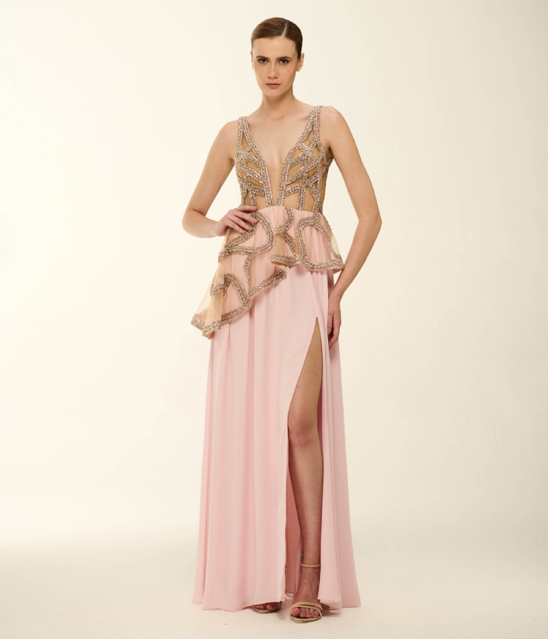 VESTIDO LONGO BORDADO PEPLUM ASSIMÉTRICO