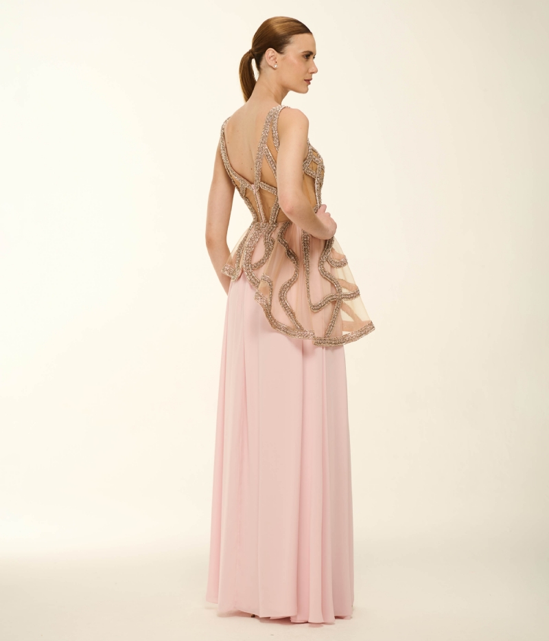 VESTIDO LONGO BORDADO PEPLUM ASSIMÉTRICO