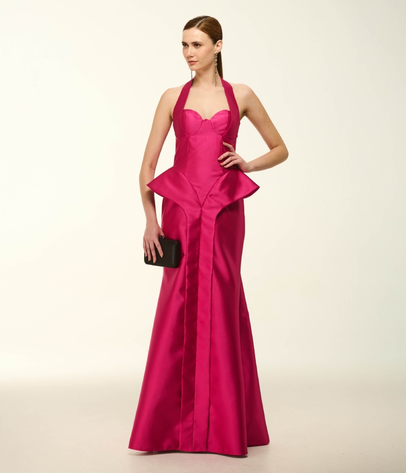 VESTIDO LONGO EM ZIBELINE COM PEPLUM ESTRUTURADO