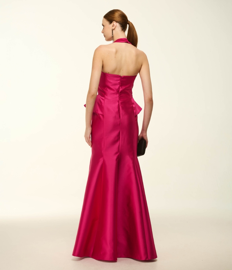 VESTIDO LONGO EM ZIBELINE COM PEPLUM ESTRUTURADO
