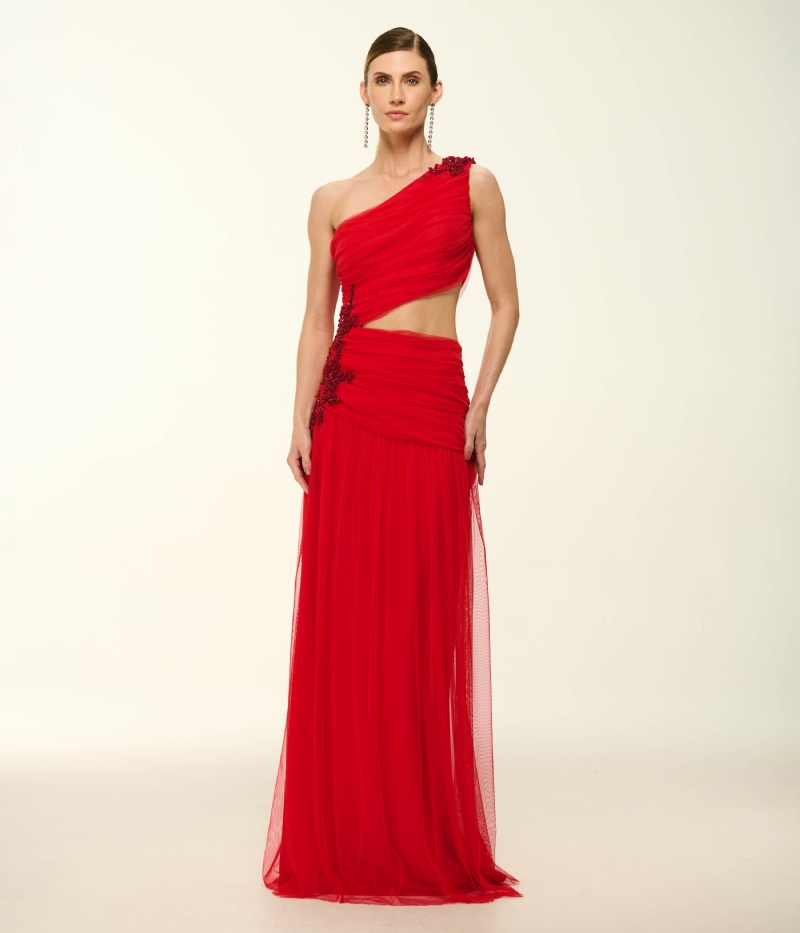 VESTIDO LONGO EM TULE BORDADO COM RECORTES ESTRATÉGICOS