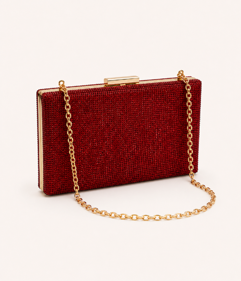 BOLSA CLUTCH RETANGULAR CRISTAIS VERMELHA