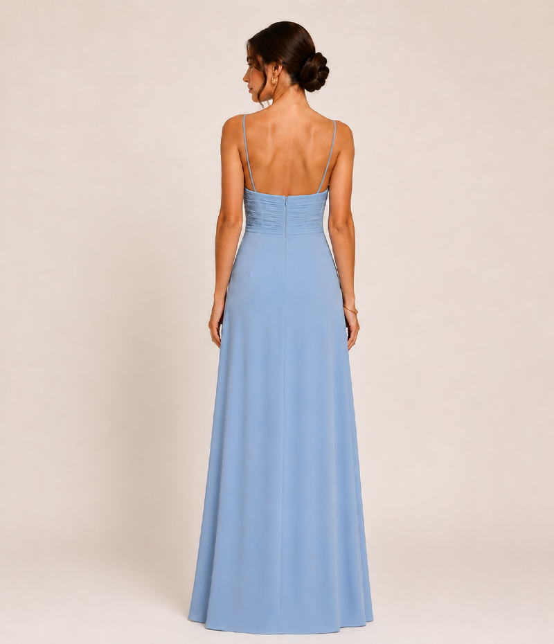 VESTIDO LONGO CRISTAL BLUE EM CREPE FLUIDO COM DECOTE EM V