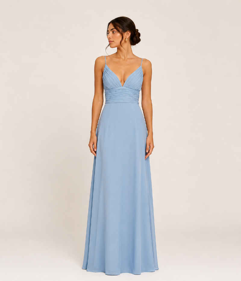 VESTIDO LONGO CRISTAL BLUE EM CREPE FLUIDO COM DECOTE EM V