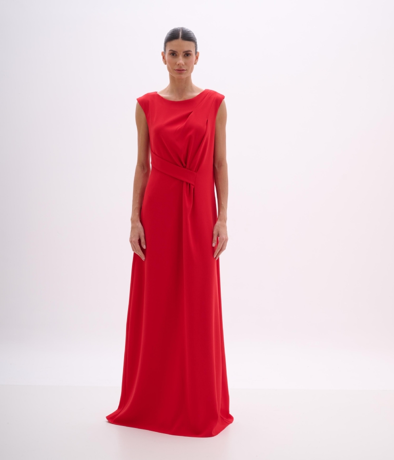 VESTIDO LONGO RED PEPPER EM CREPE ESTRUTURADO COM DRAPEADO E FAIXA ASSIMÉTRICA