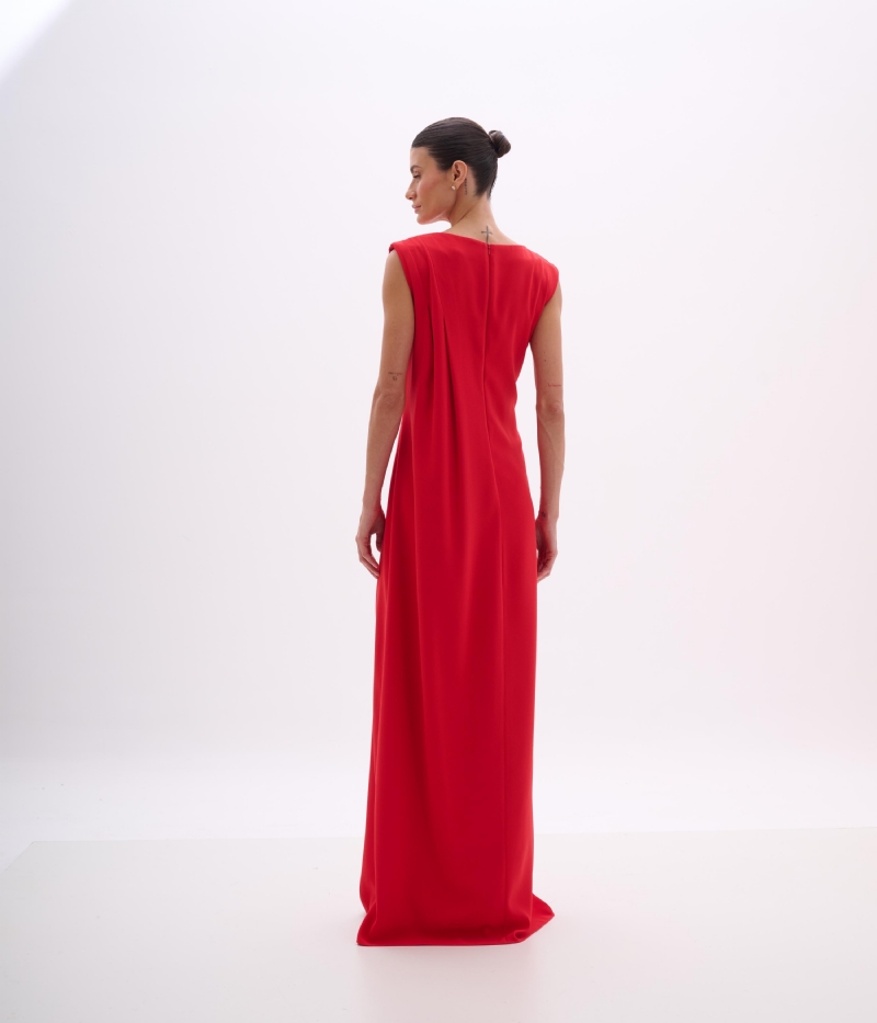 VESTIDO LONGO RED PEPPER EM CREPE ESTRUTURADO COM DRAPEADO E FAIXA ASSIMÉTRICA