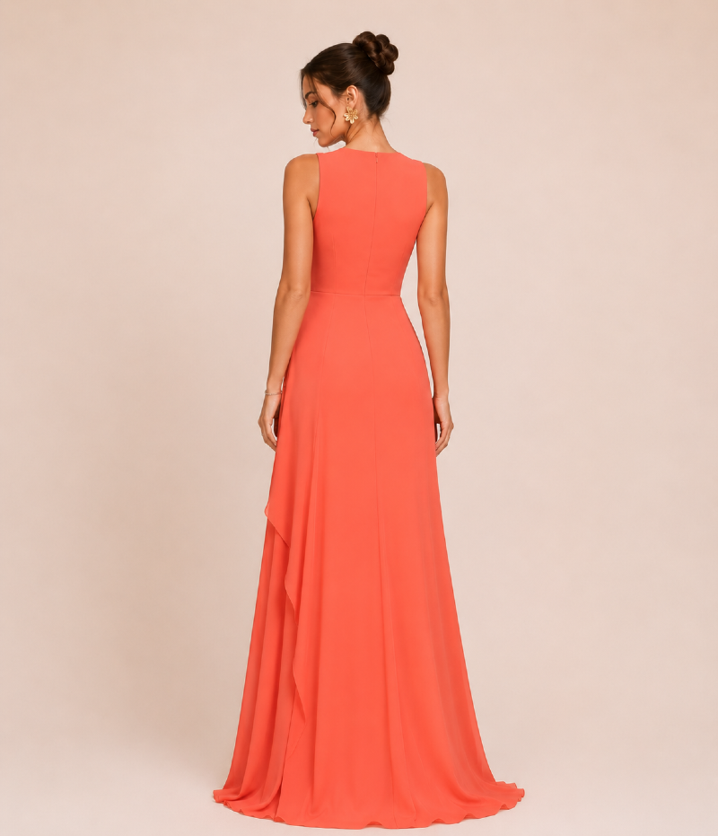 VESTIDO LONGO CORAL EM CREPE FLUIDO COM DECOTE EM V