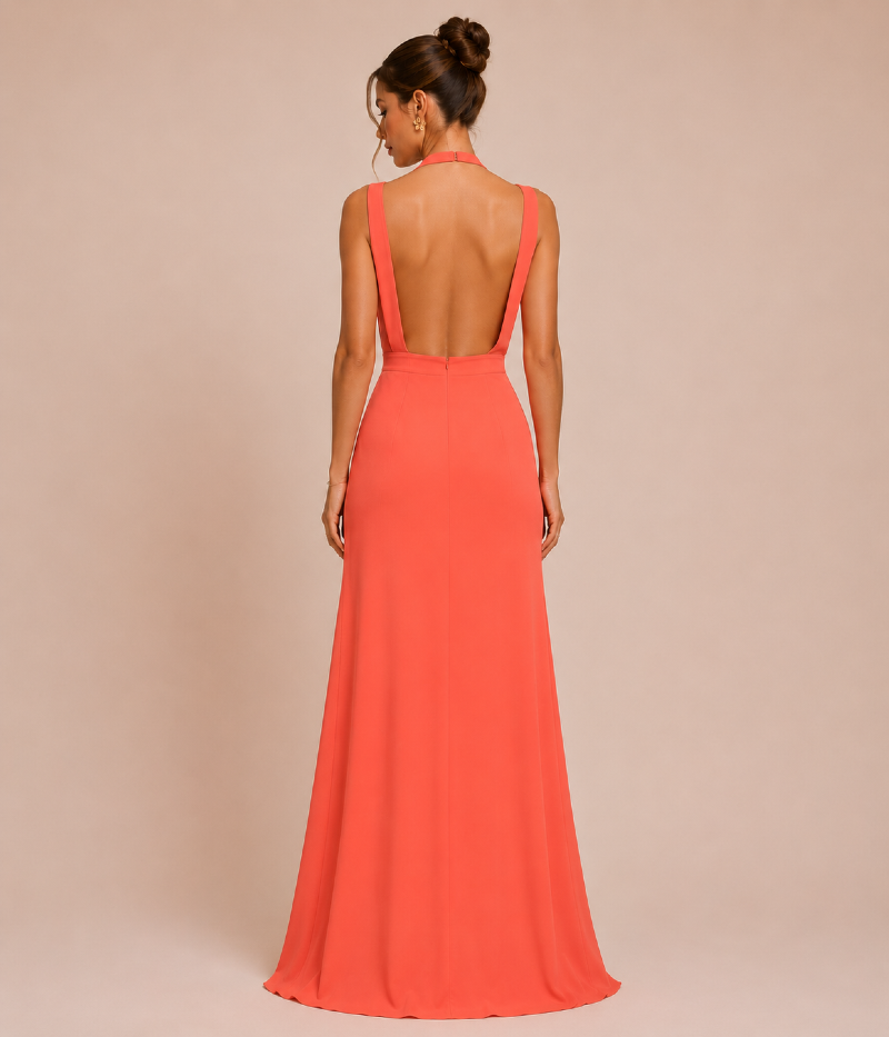 VESTIDO LONGO CORAL COM DETALHE ENTRELAÇADO E FENDA