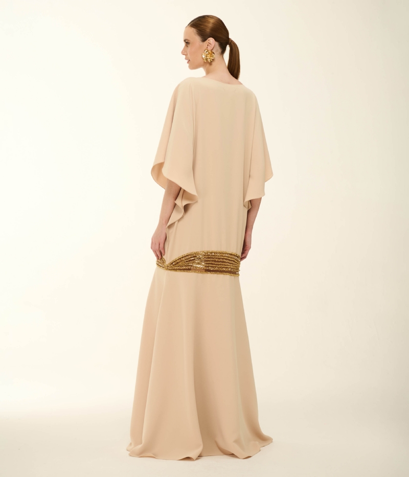 VESTIDO LONGO QUAKER COM BORDADO ARTESANAL DOURADO