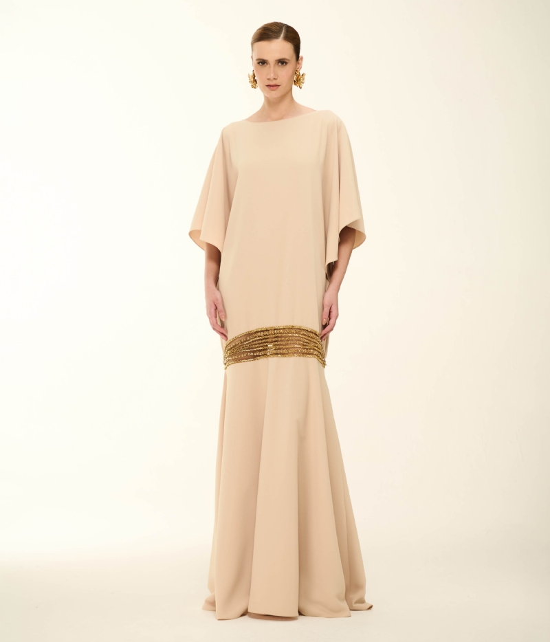 VESTIDO LONGO QUAKER COM BORDADO ARTESANAL DOURADO