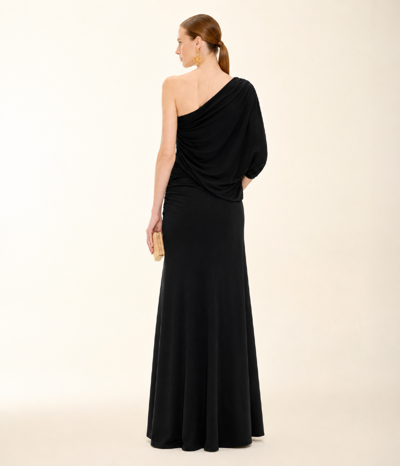 VESTIDO LONGO PRETO EM JERSEY COM OMBRO ÚNICO E DRAPEADO