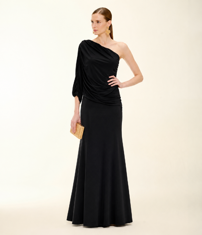 VESTIDO LONGO PRETO EM JERSEY COM OMBRO ÚNICO E DRAPEADO