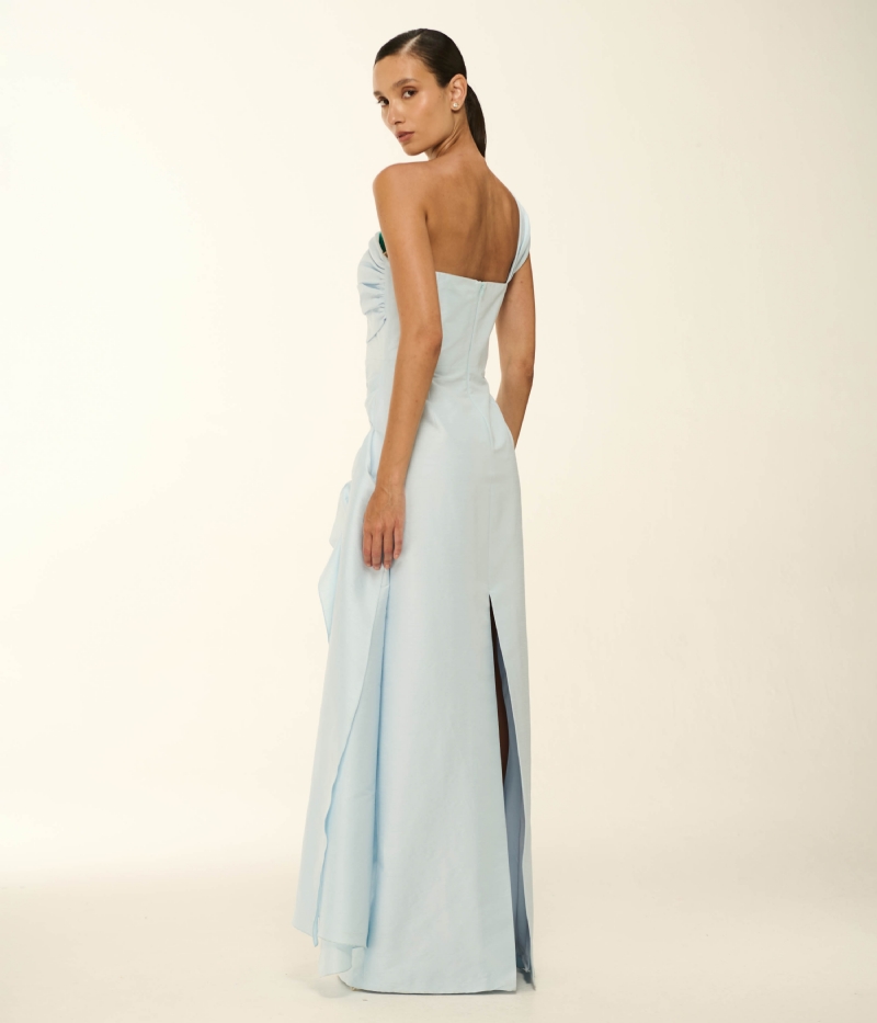 VESTIDO LONGO EM SHANTUNG COM DRAPEADOS E BORDADO MANUAL