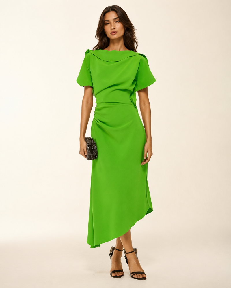 VESTIDO MIDI EM CREPE COM DECOTE DRAPEADO VERDE CLÁSSICO