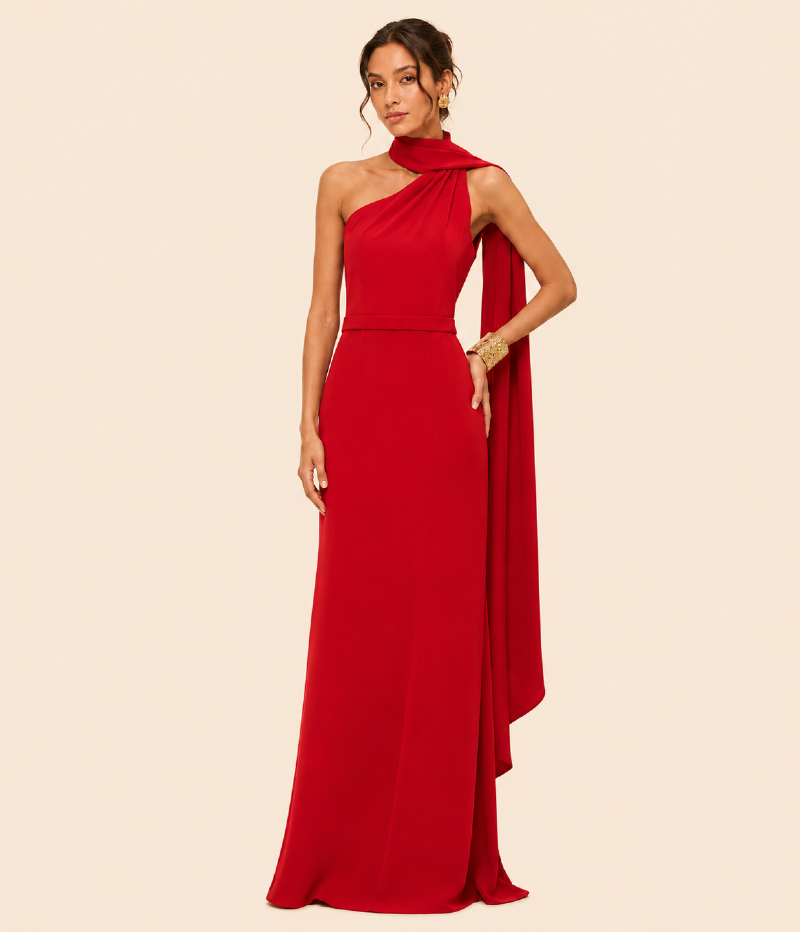 VESTIDO ASSIMÉTRICO EM CREPE COM DRAPE OMBRO ÚNICO