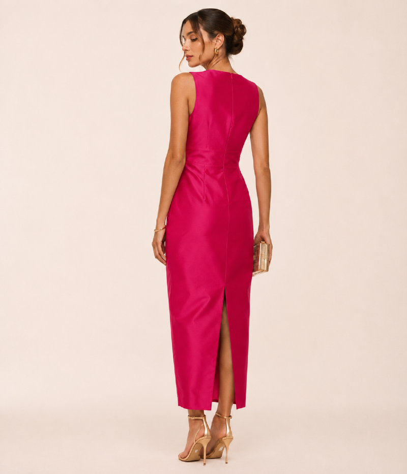 VESTIDO MIDI EM TAFETÁ COM CORPO ESTRUTURADO E SAIA AMPLA