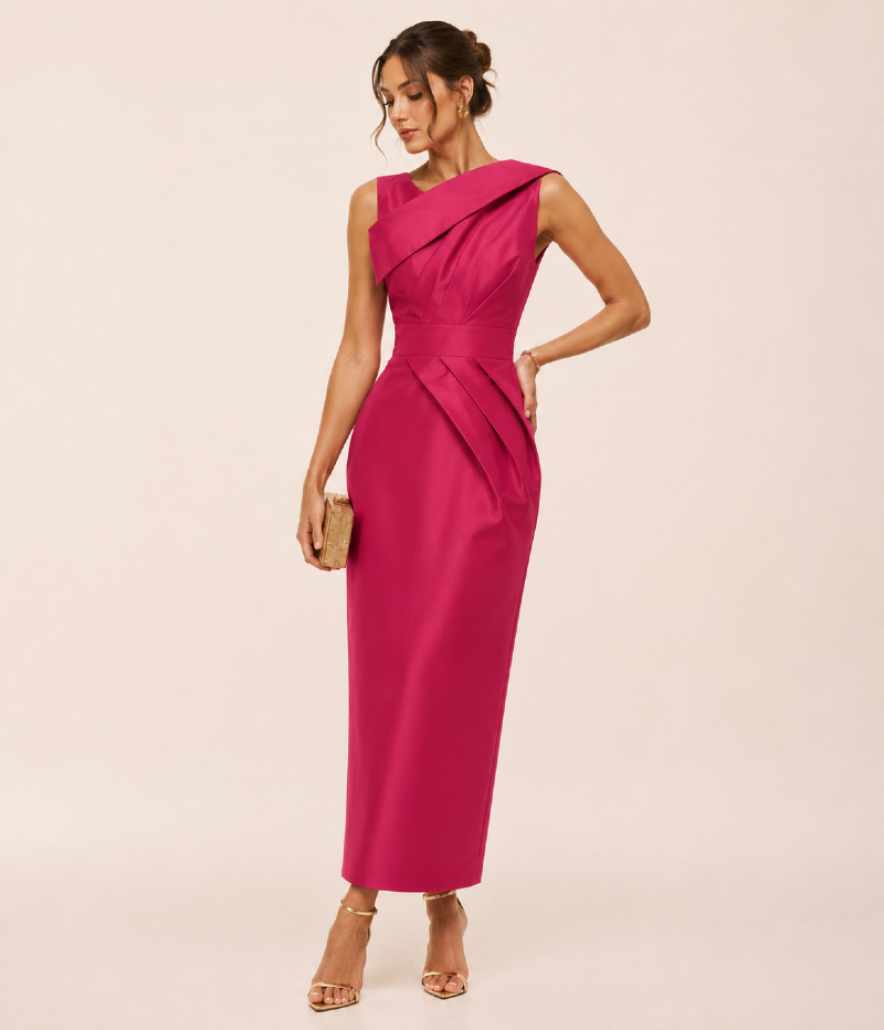 VESTIDO MIDI EM TAFETÁ COM CORPO ESTRUTURADO E SAIA AMPLA
