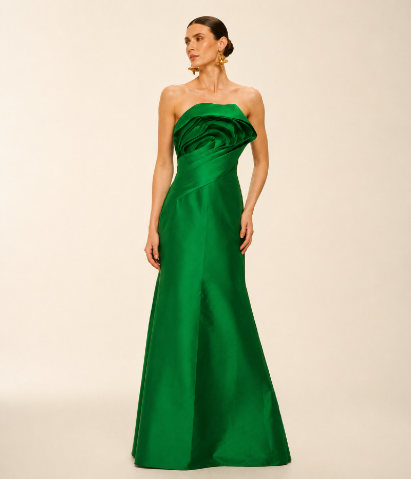 VESTIDO LONGO SEREIA EM TAFETÁ COM BUSTO ESCULTURAL