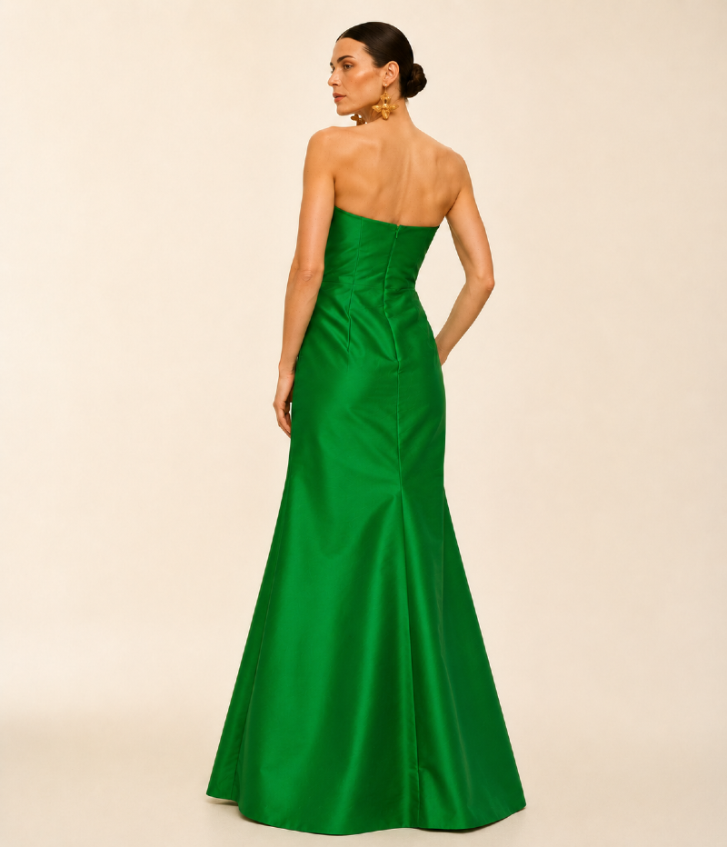 VESTIDO LONGO SEREIA EM TAFETÁ COM BUSTO ESCULTURAL