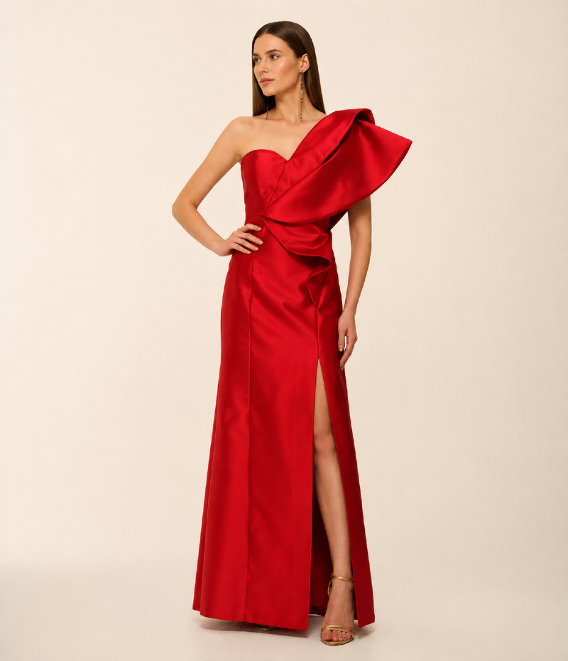 VESTIDO LONGO EM ZIBELINE COM MAXI BABADO ASSIMÉTRICO