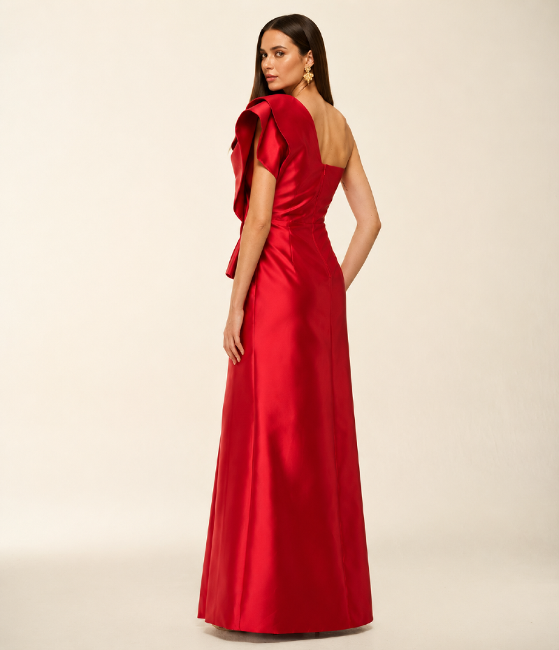 VESTIDO LONGO EM ZIBELINE COM MAXI BABADO ASSIMÉTRICO