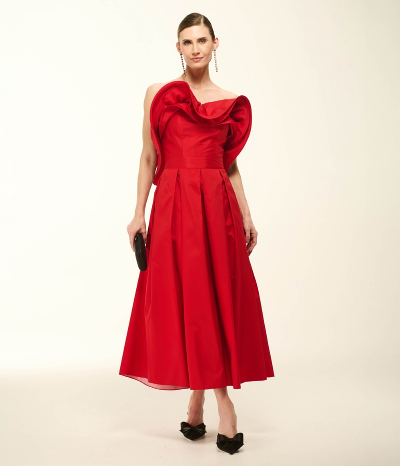 VESTIDO MIDI EM TAFETÁ COM MAXI BABADOS ESCULTURAIS