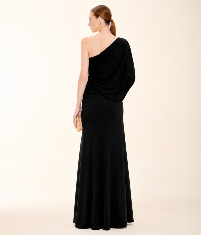 VESTIDO LONGO PRETO EM JERSEY COM OMBRO ÚNICO E DRAPEADO