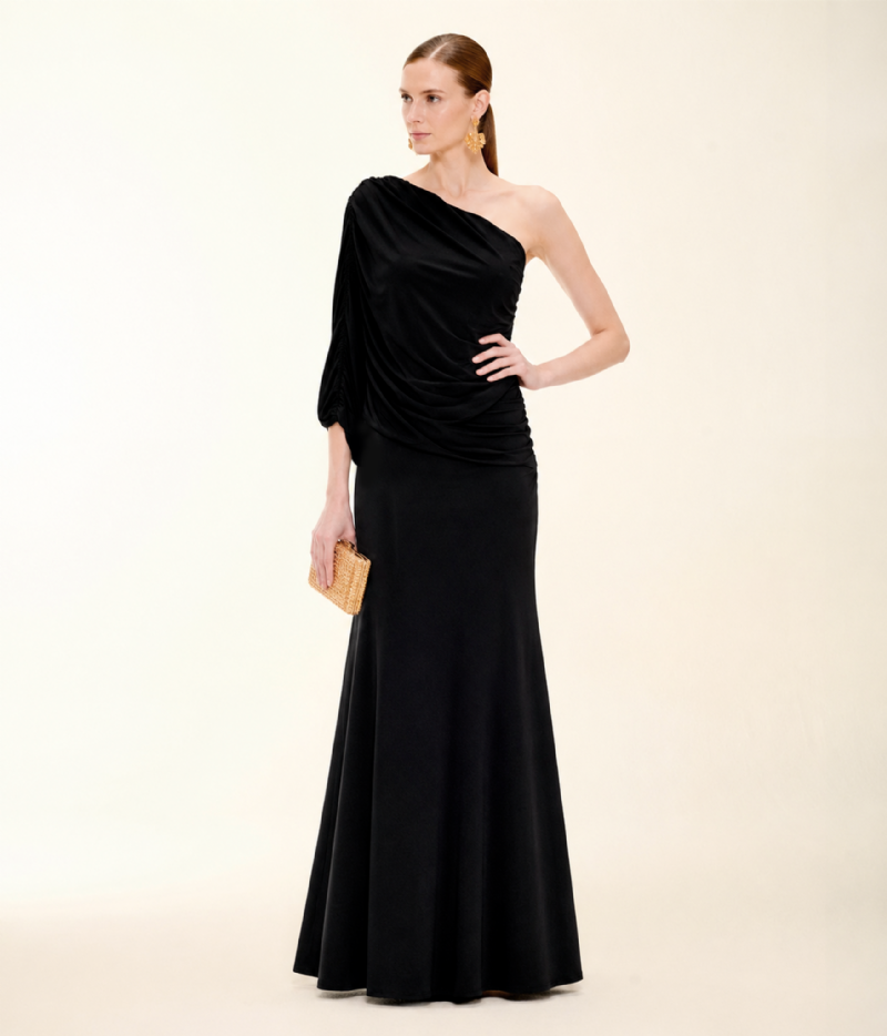 VESTIDO LONGO PRETO EM JERSEY COM OMBRO ÚNICO E DRAPEADO