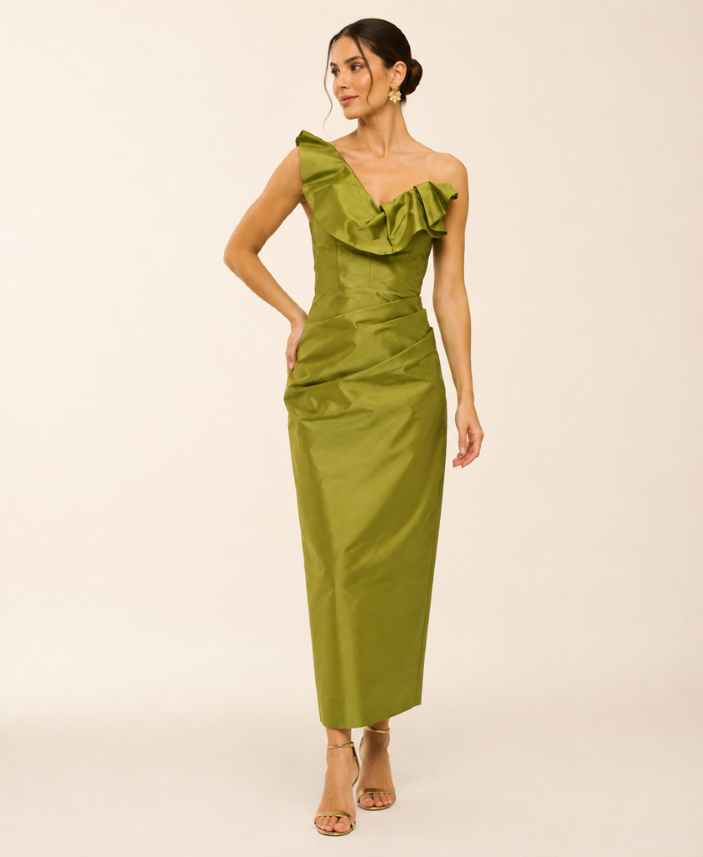 VESTIDO MIDI EM TAFETÁ DE UM OMBRO SÓ COM BABADOS