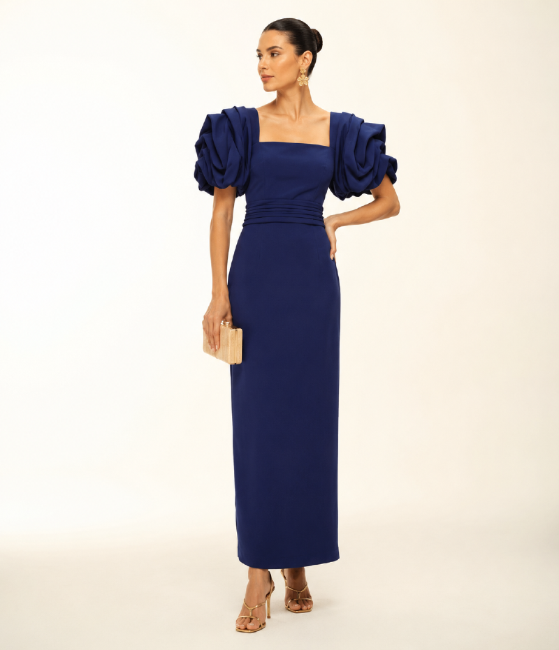 VESTIDO MIDI COM MANGAS ESCULTURAIS