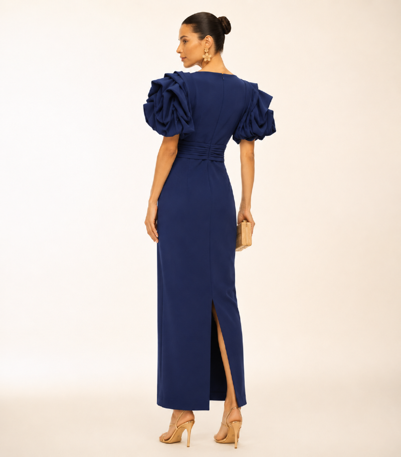 VESTIDO MIDI COM MANGAS ESCULTURAIS
