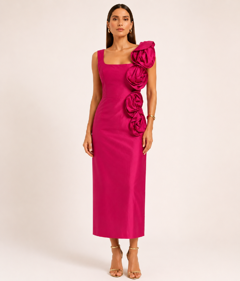 VESTIDO MIDI EM TAFETÁ RAYON COM FLORES APLICADAS 